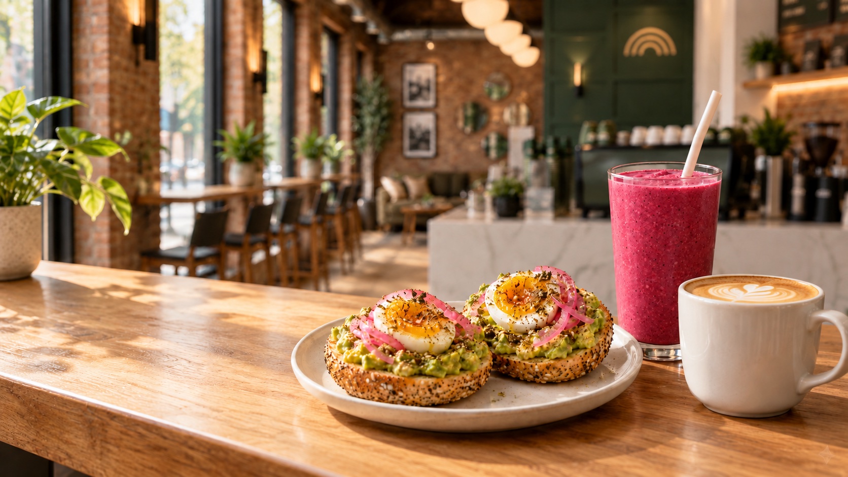 Illustrative Macro3 food and drinks with a pink smoothie in our envisioned café