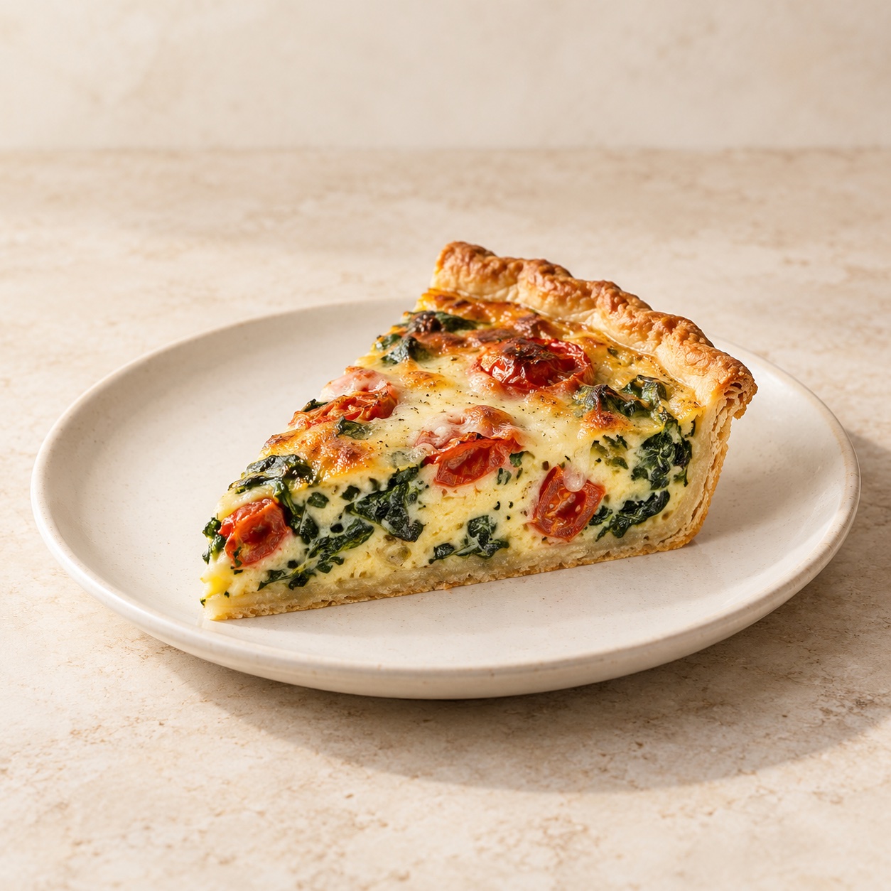 Illustrative Spinach, Tomato & Gruyère Quiche — approved menu image